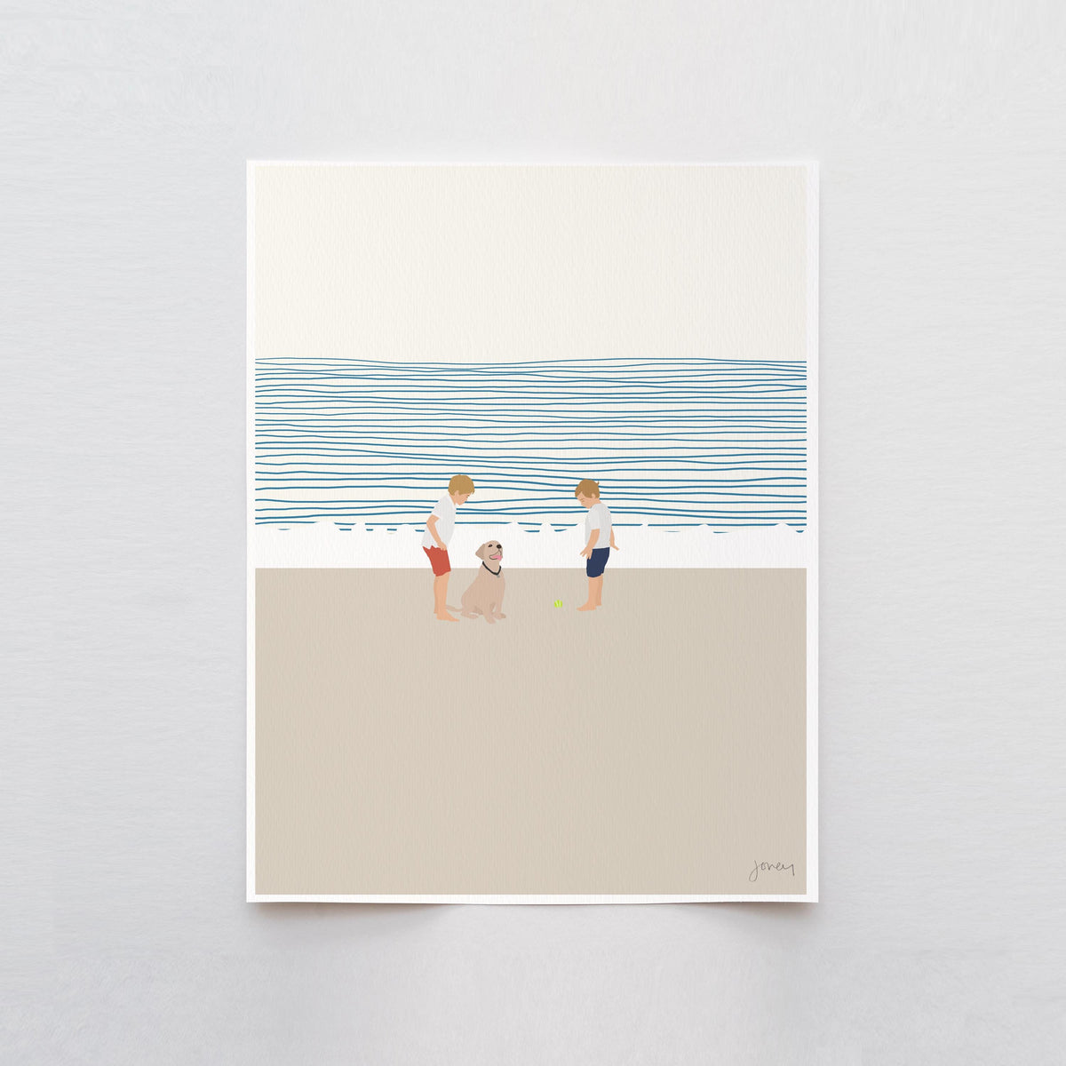 Brothers and Dog on Beach Signed Art Print - 140619
