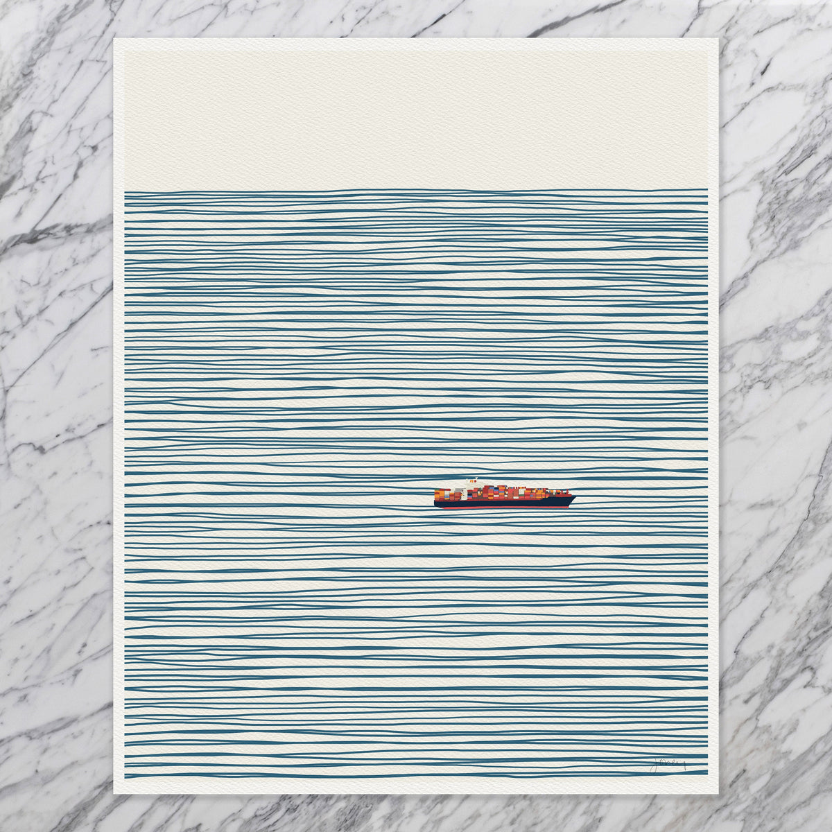 Container Ship on Ocean Signed Art Print - 140127