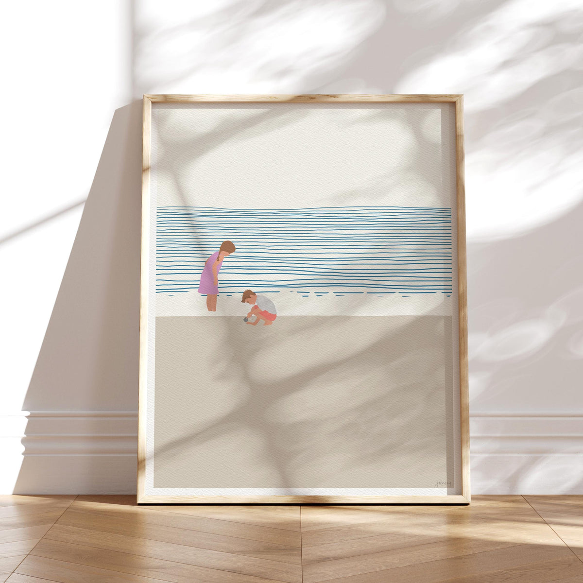 Sister and Little Brother on the Beach Signed Art Print - 140619