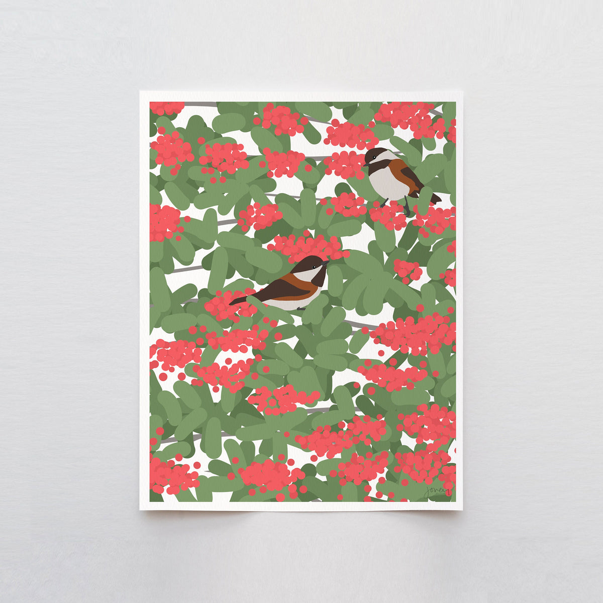 Chickadees and Toyon Berries Signed Art Print - 141116
