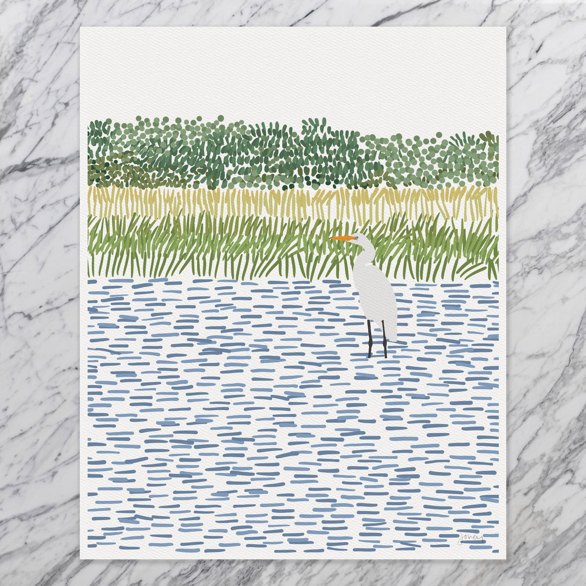 Egret in Wetlands Portrait Signed Art Print - 210806