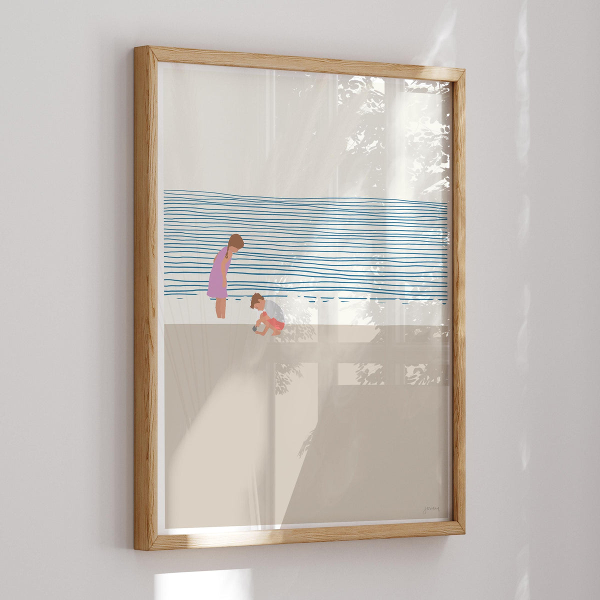 Sister and Little Brother on the Beach Signed Art Print - 140619