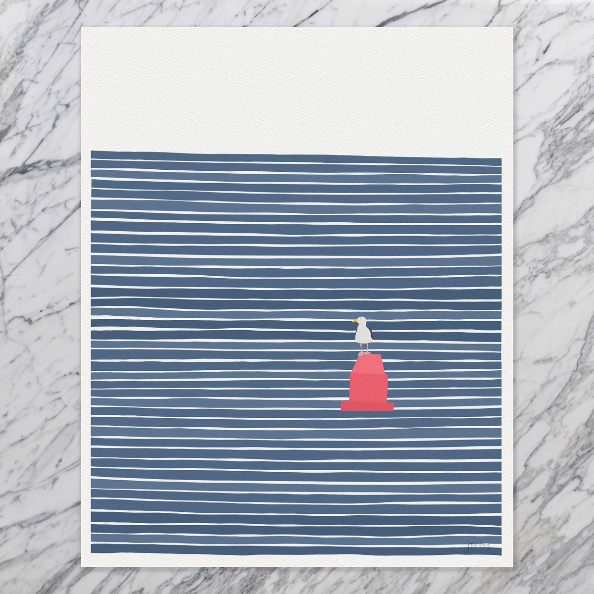 Seagull on a Red Buoy Signed Art Print - 230611