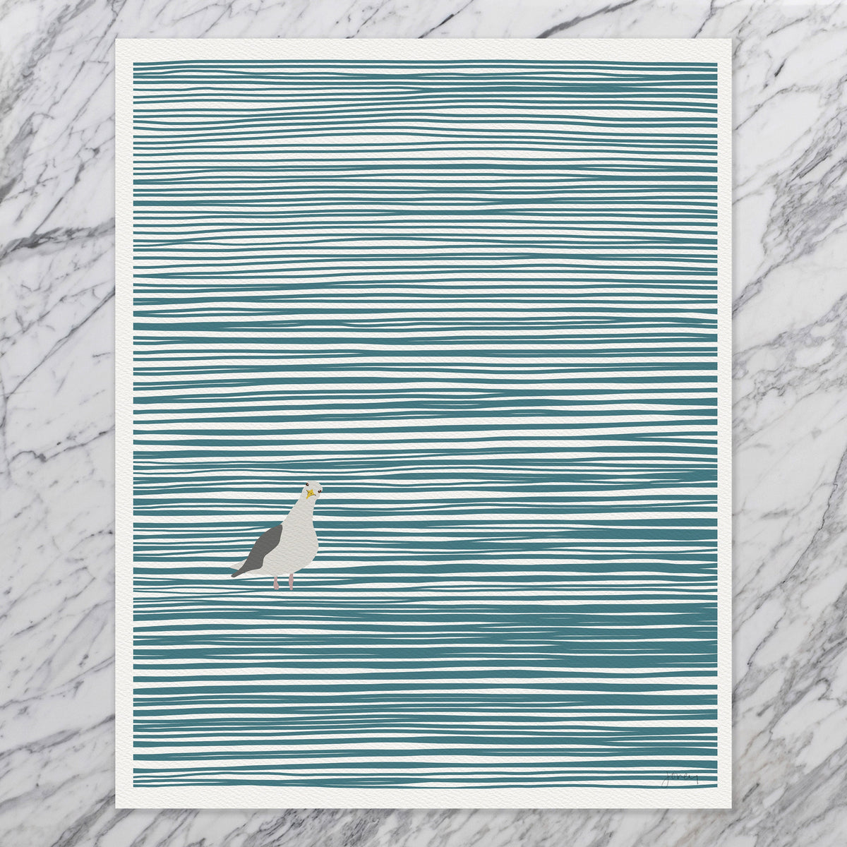 Striped Water with Seagull Signed Art Print - 141107