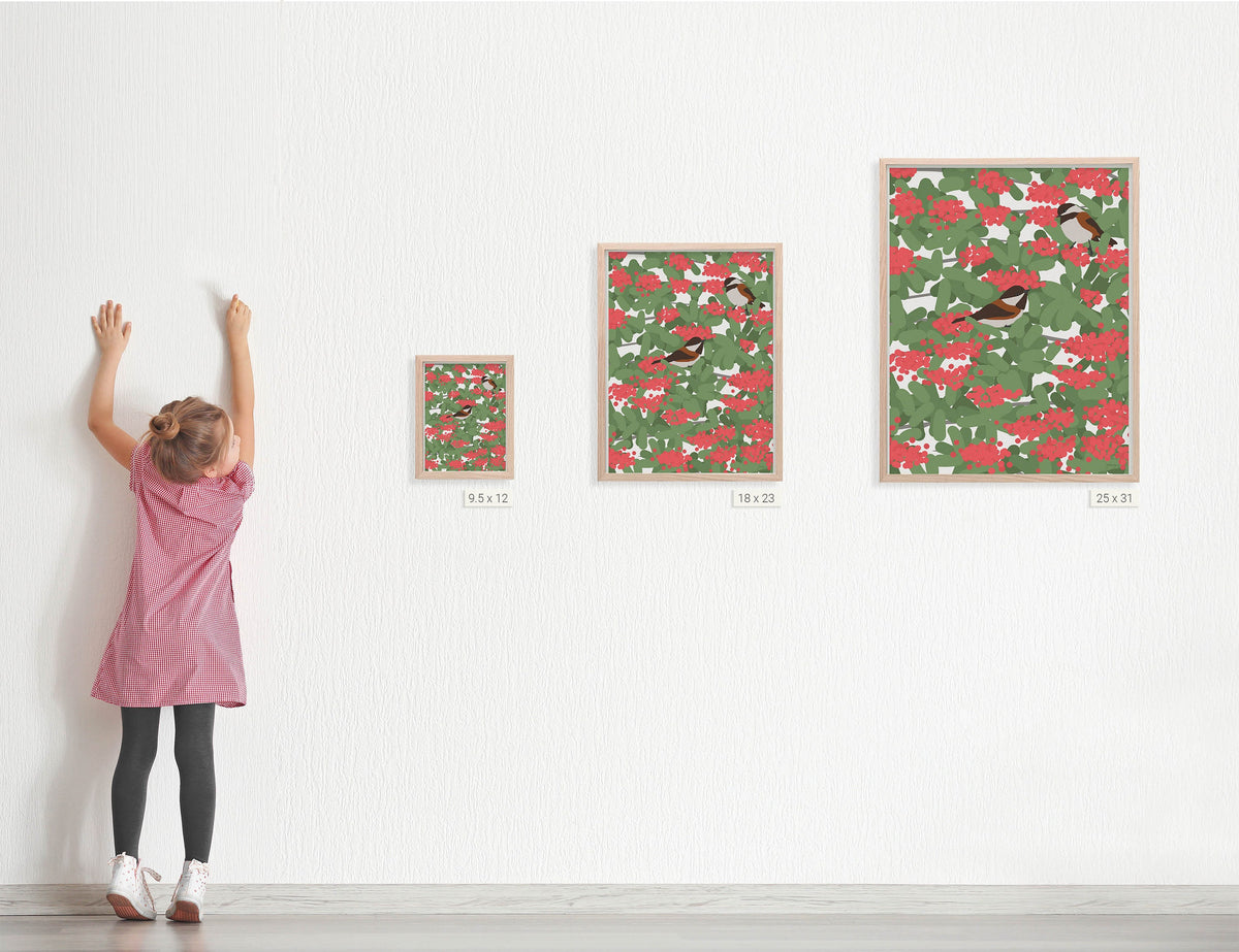 Chickadees and Toyon Berries Signed Art Print - 141116