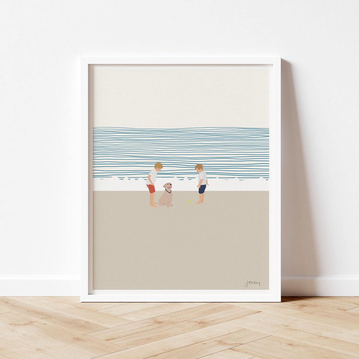 Brothers and Dog on Beach Signed Art Print - 140619