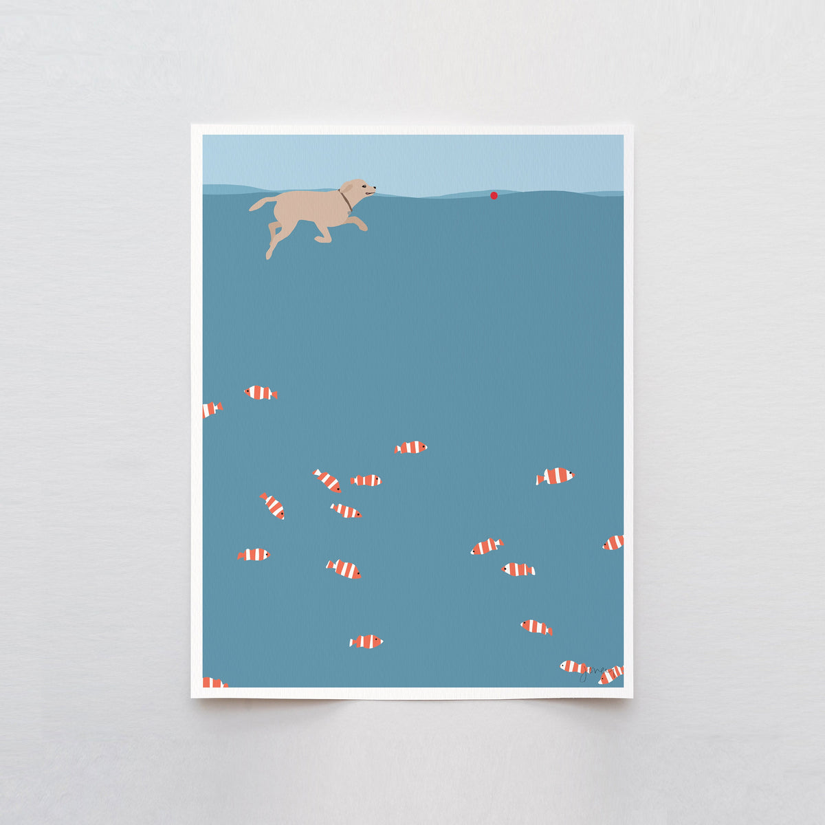 Fish Swimming with Yellow Labrador Signed Art Print - 150203