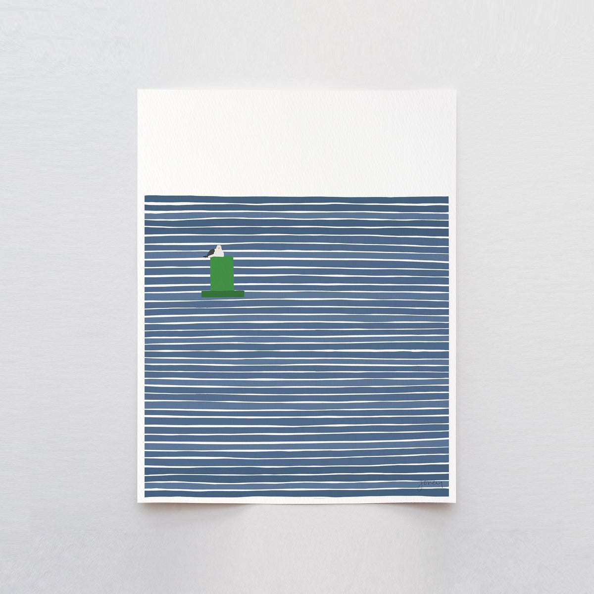 Green Buoy with Seagull Signed Art Print - 230604