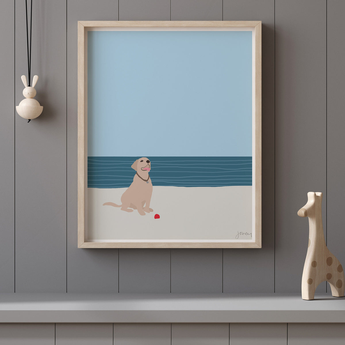 Labrador with Ball at Beach Signed Art Print - 160522