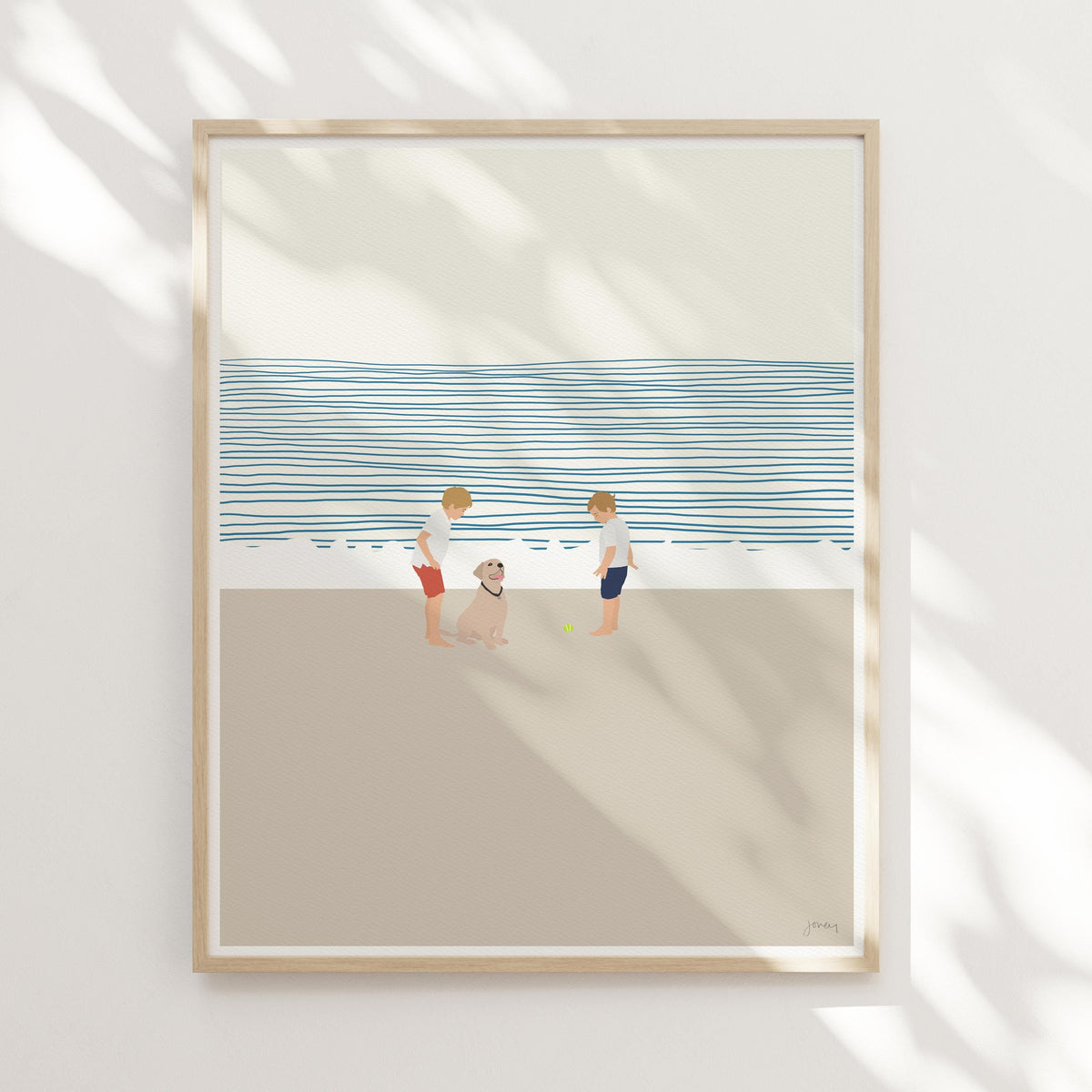 Brothers and Dog on Beach Signed Art Print - 140619