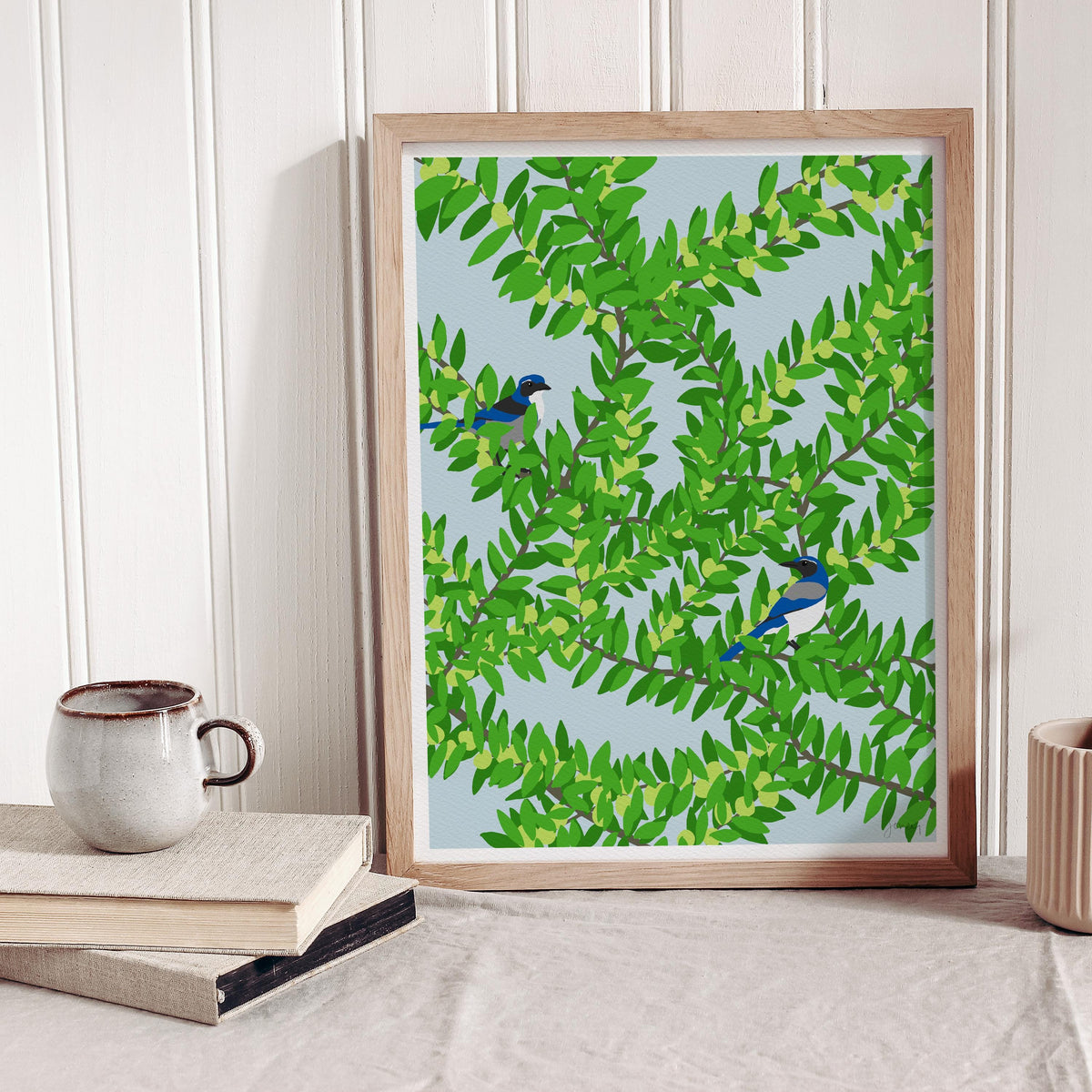Plum Tree with Blue Jays in a Signed Art Print - 120626