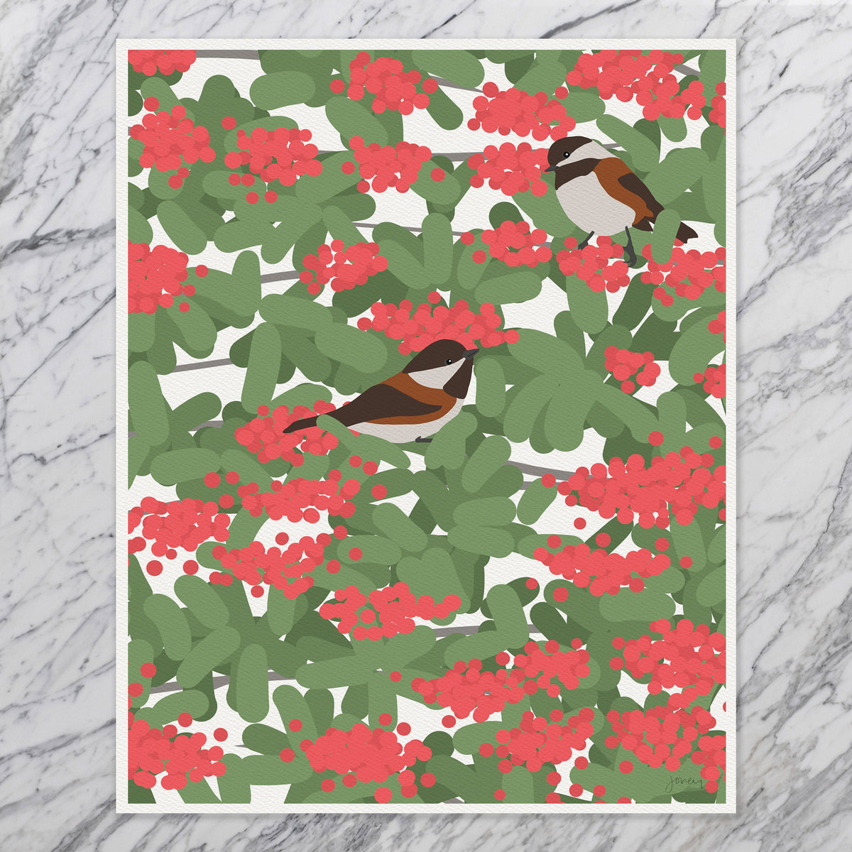 Chickadees and Toyon Berries Signed Art Print - 141116