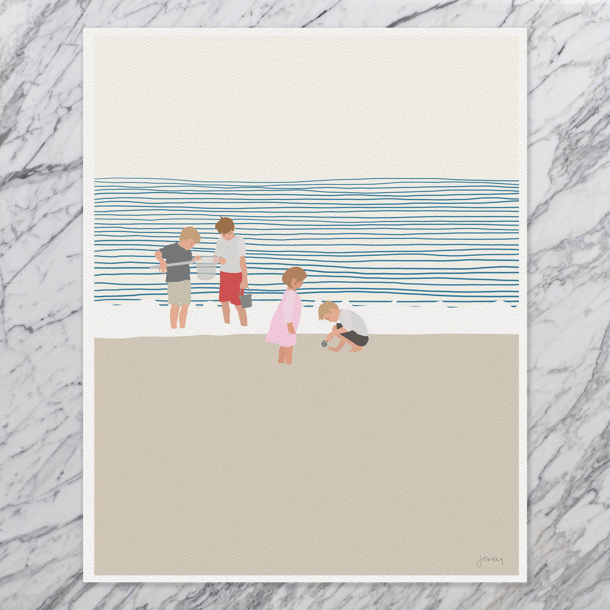 Three Brothers and a Sister on the Beach Signed Art Print - 140619