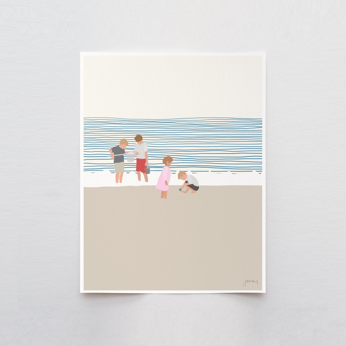 Three Brothers and a Sister on the Beach Signed Art Print - 140619