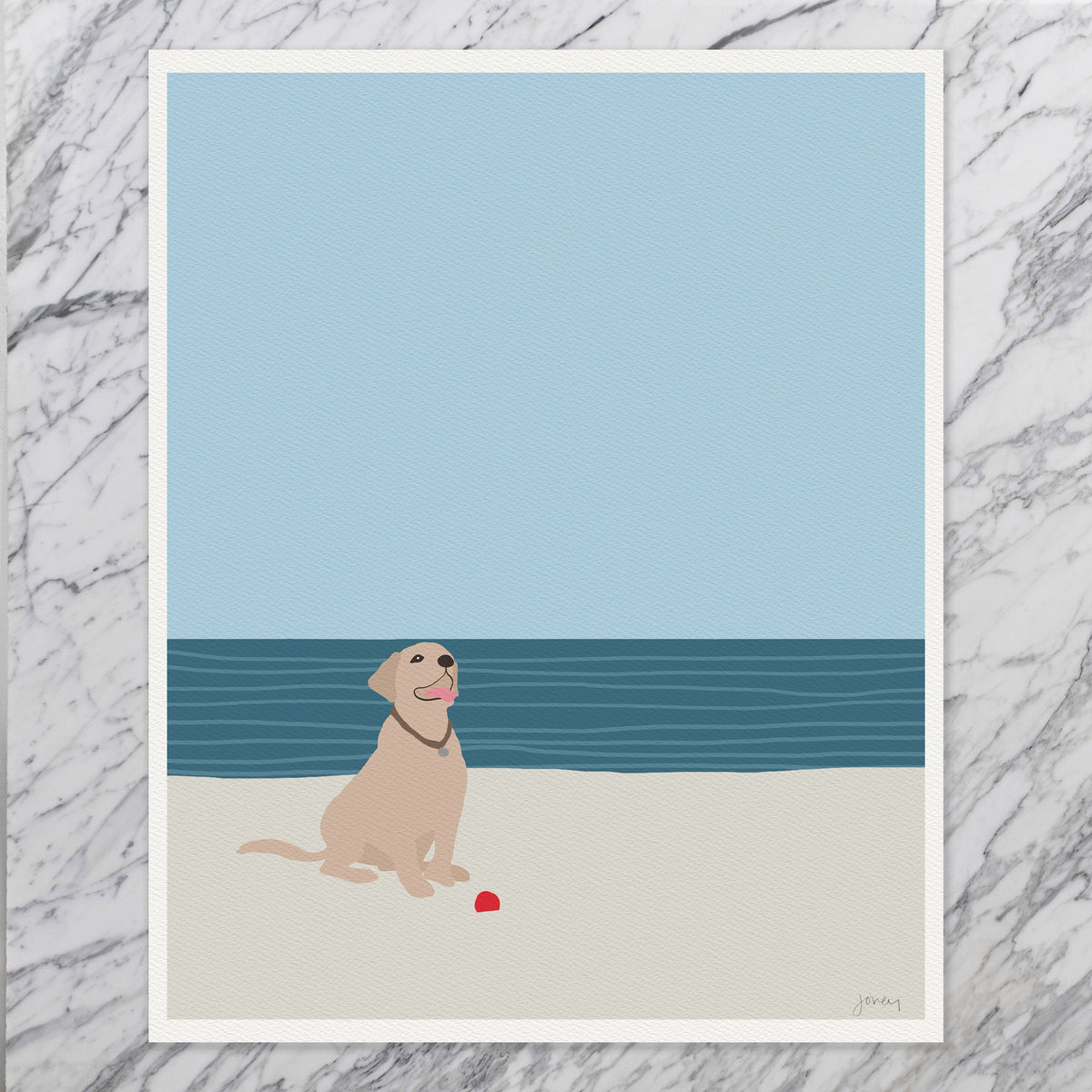 Labrador with Ball at Beach Signed Art Print - 160522