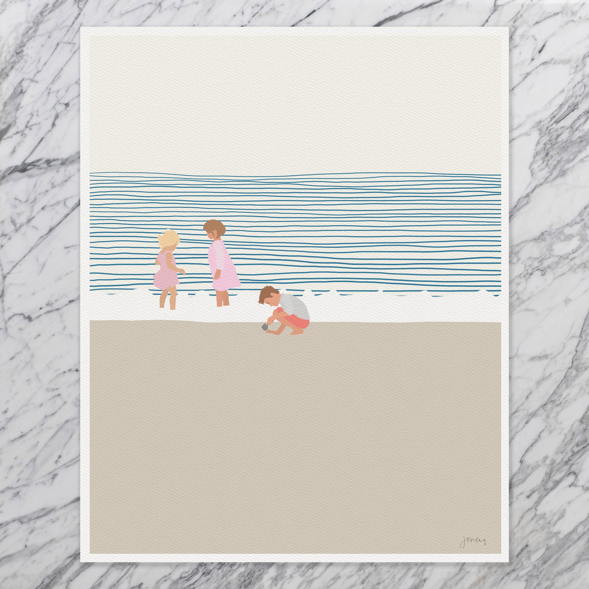 Sisters and a Brother on the Beach Signed Art Print - 140619