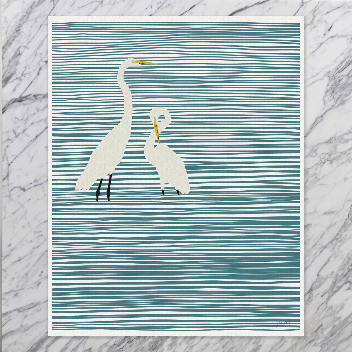 Striped Water with Egrets Signed Art Print - 141106