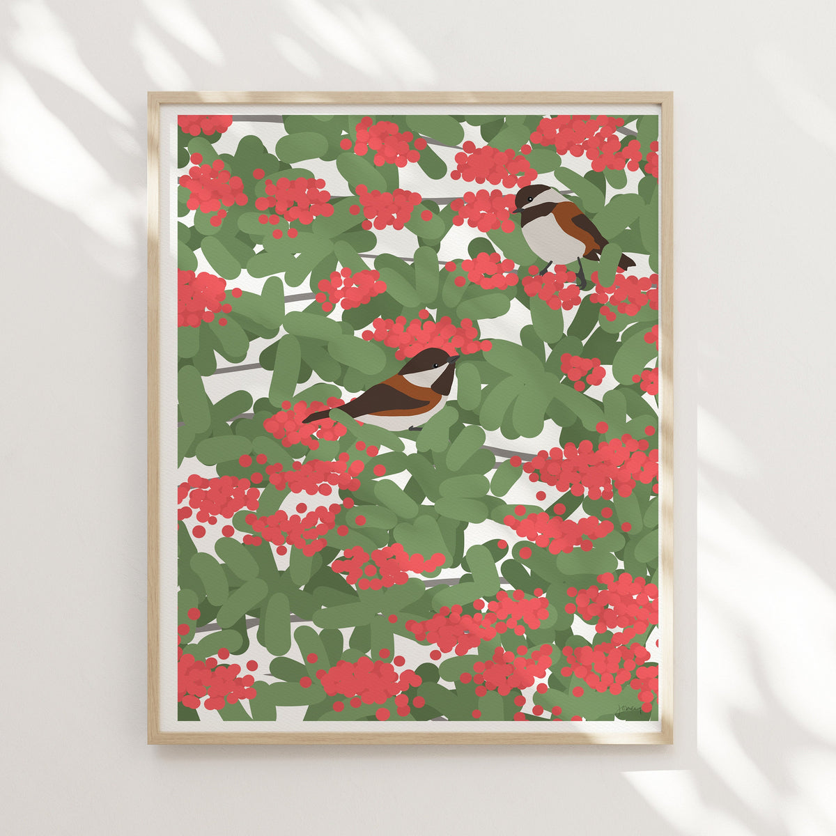 Chickadees and Toyon Berries Signed Art Print - 141116