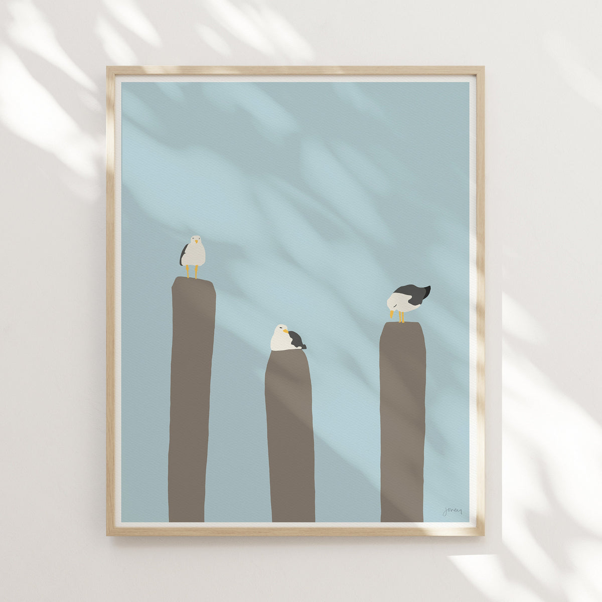 Seagulls Perched on Piers Signed Art Print - 130731