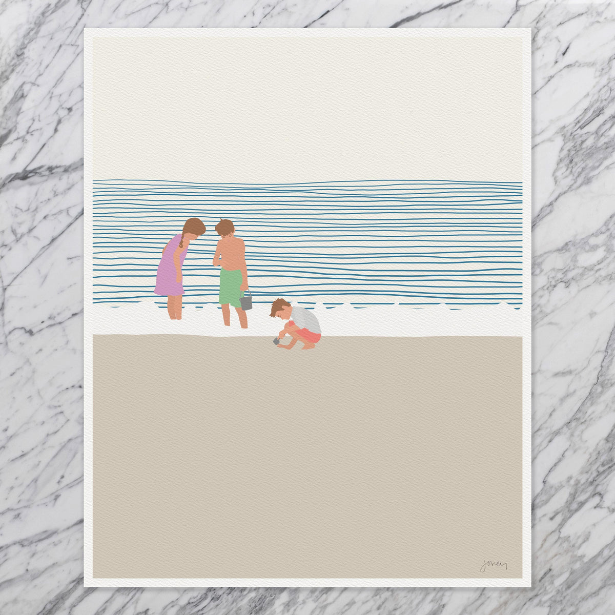 Brothers and a Sister on the Beach Signed Art Print - 140619