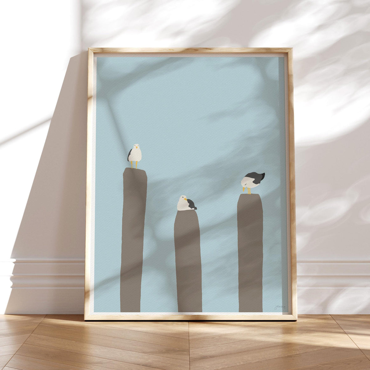 Seagulls Perched on Piers Signed Art Print - 130731