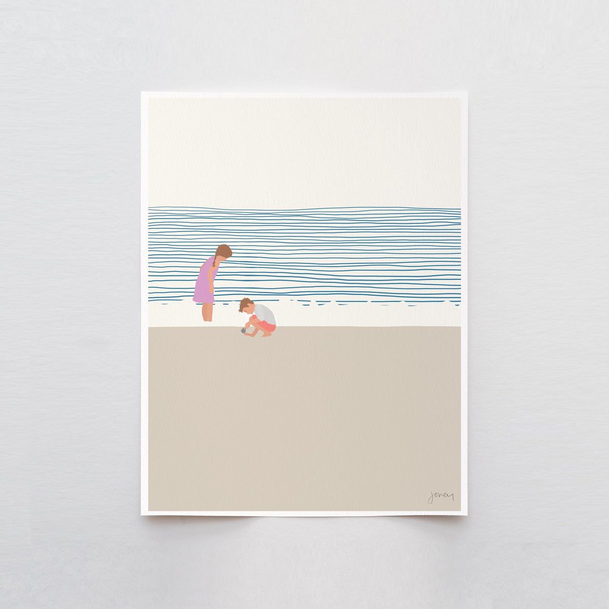 Sister and Little Brother on the Beach Signed Art Print - 140619