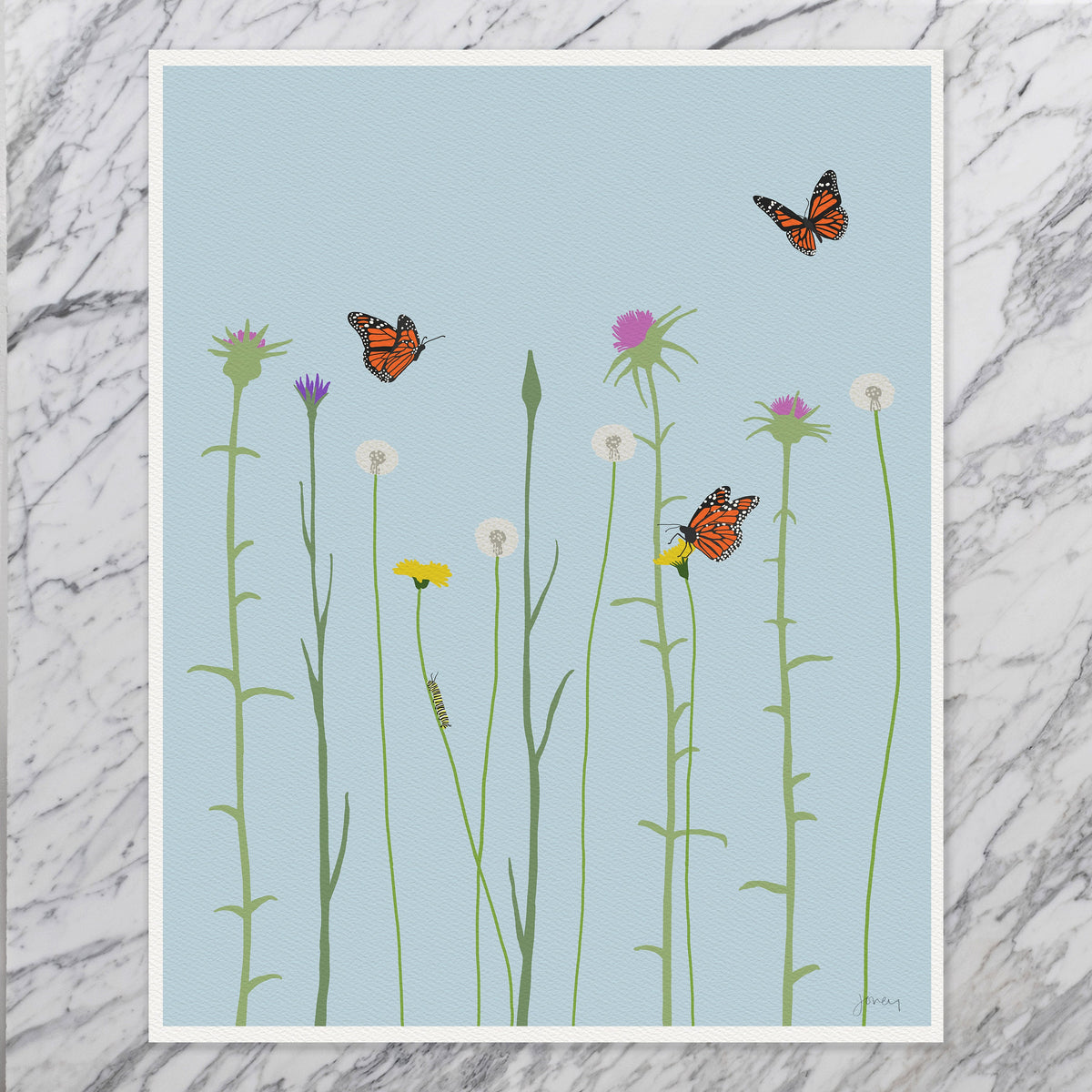Monarch Butterflies and Dandelions Signed Art Print - 210226