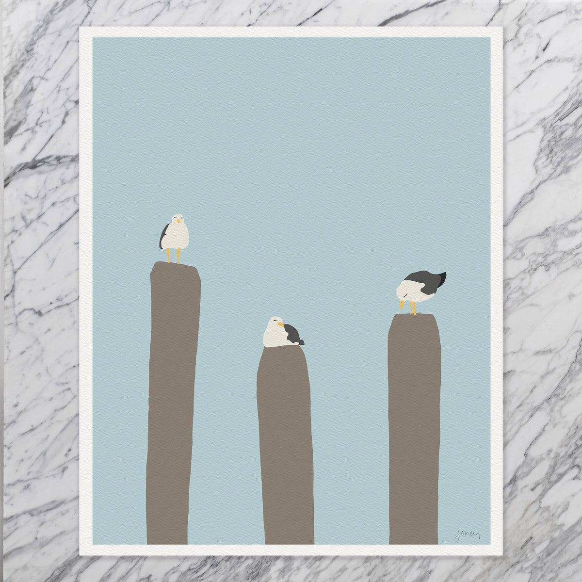 Seagulls Perched on Piers Signed Art Print - 130731