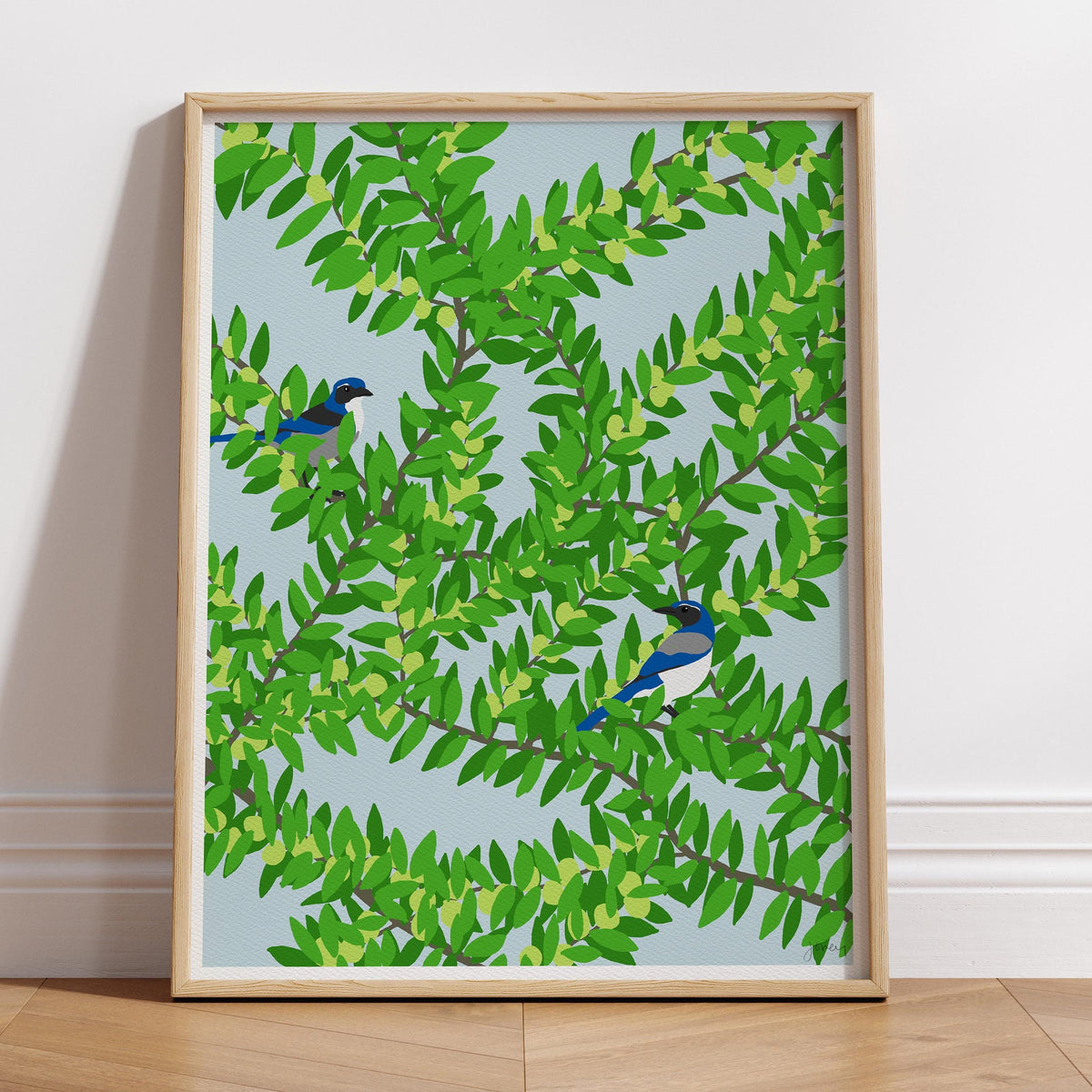 Plum Tree with Blue Jays in a Signed Art Print - 120626
