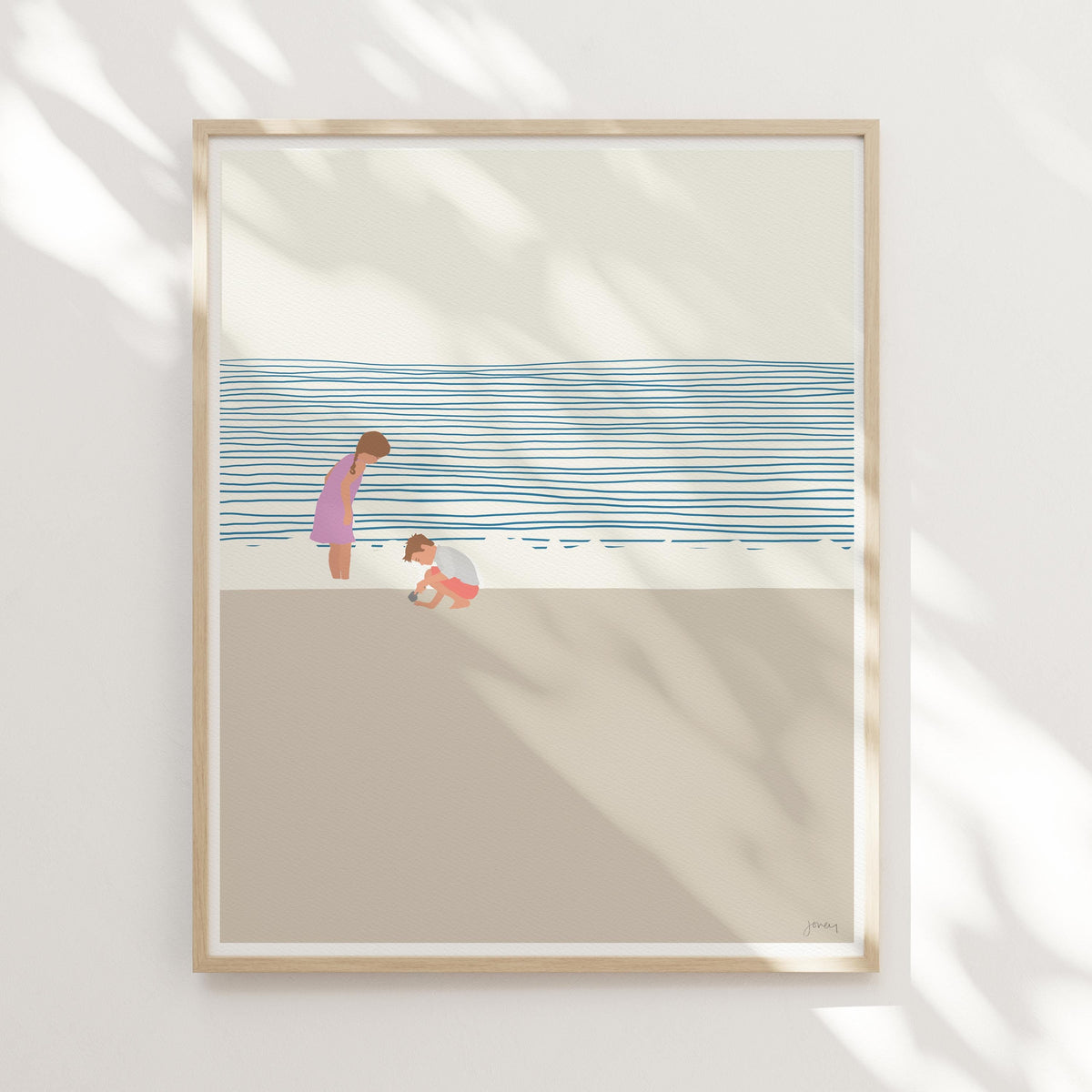 Sister and Little Brother on the Beach Signed Art Print - 140619