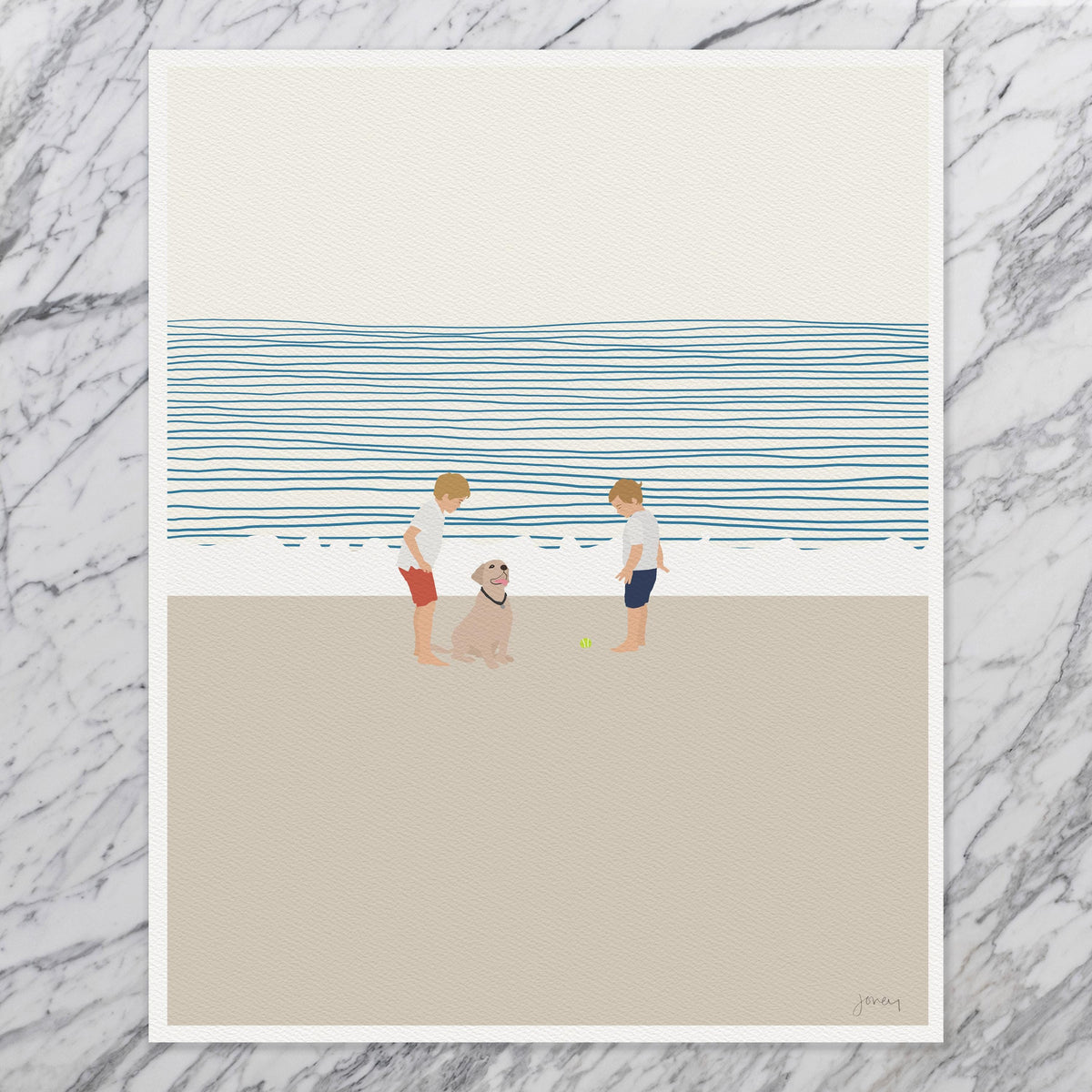Brothers and Dog on Beach Signed Art Print - 140619