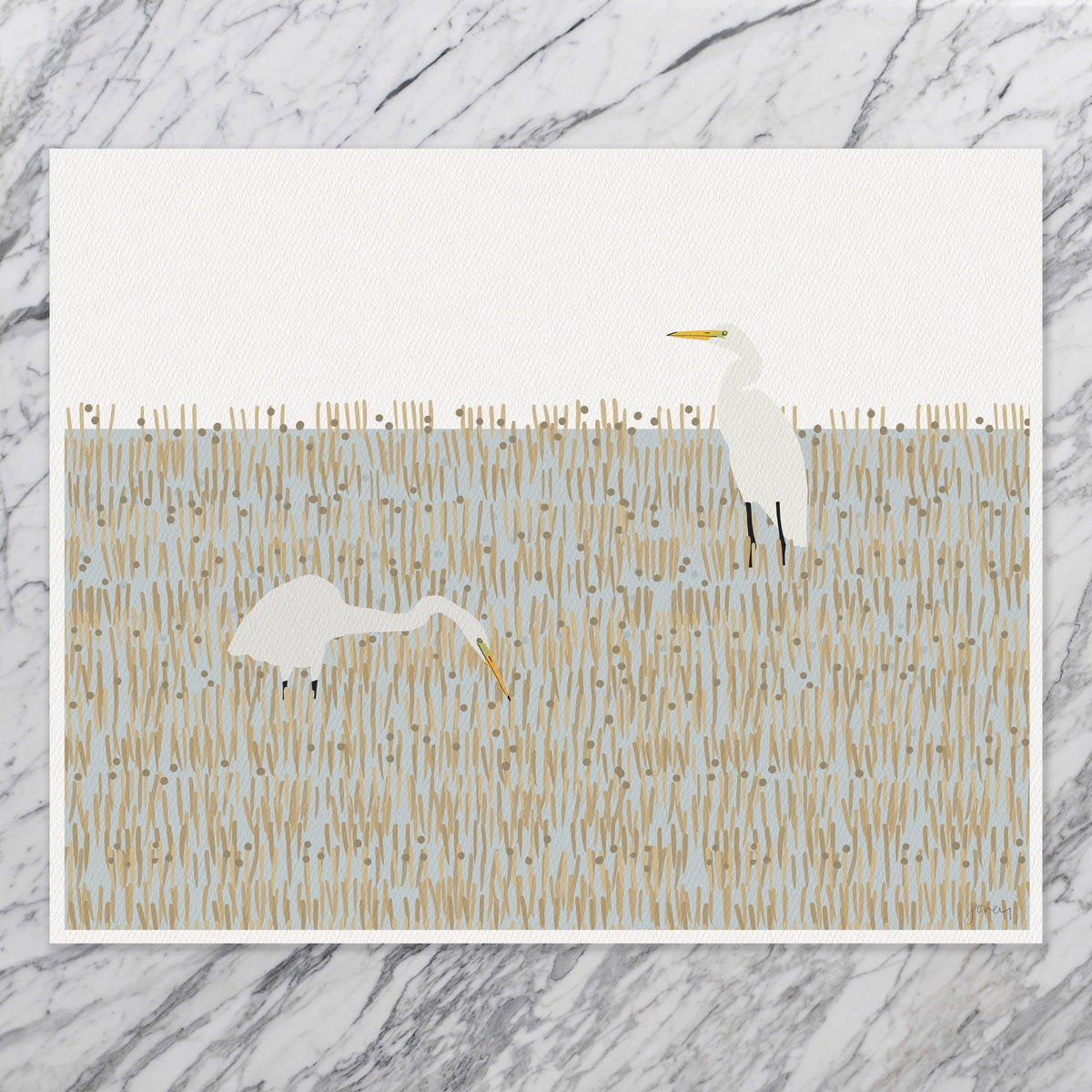 Egrets in Winter Marsh Signed Art Print - 250329