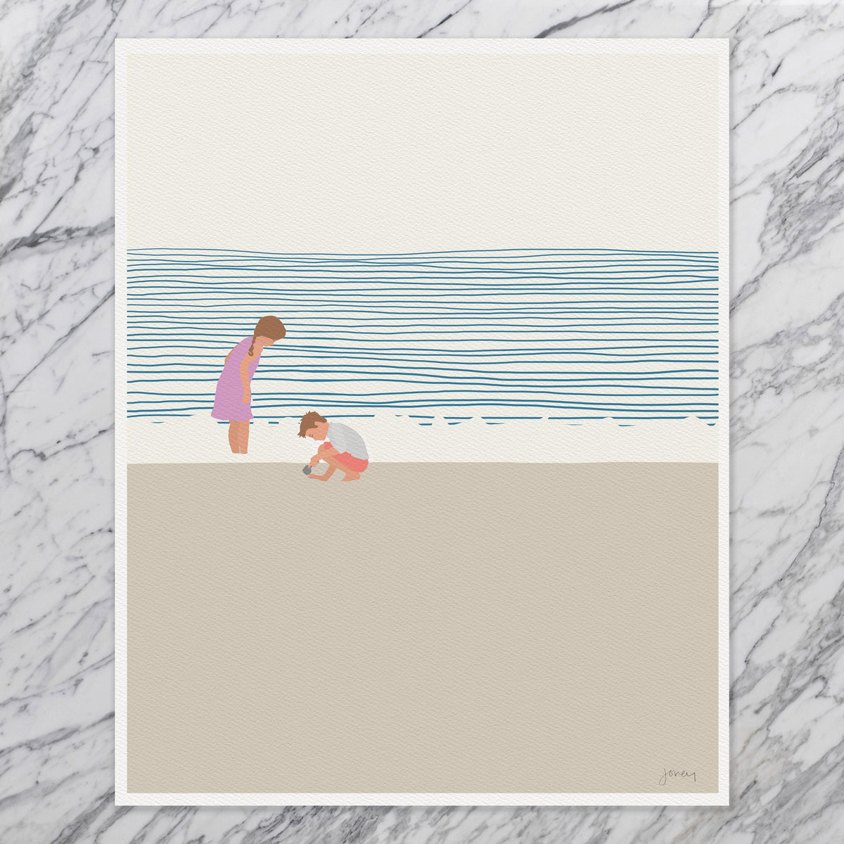 Sister and Little Brother on the Beach Signed Art Print - 140619