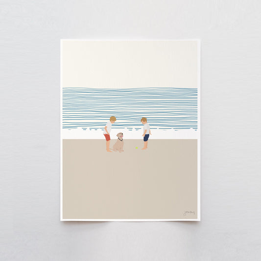 Brothers and Dog on Beach Art Print - Unframed or Framed - 140619