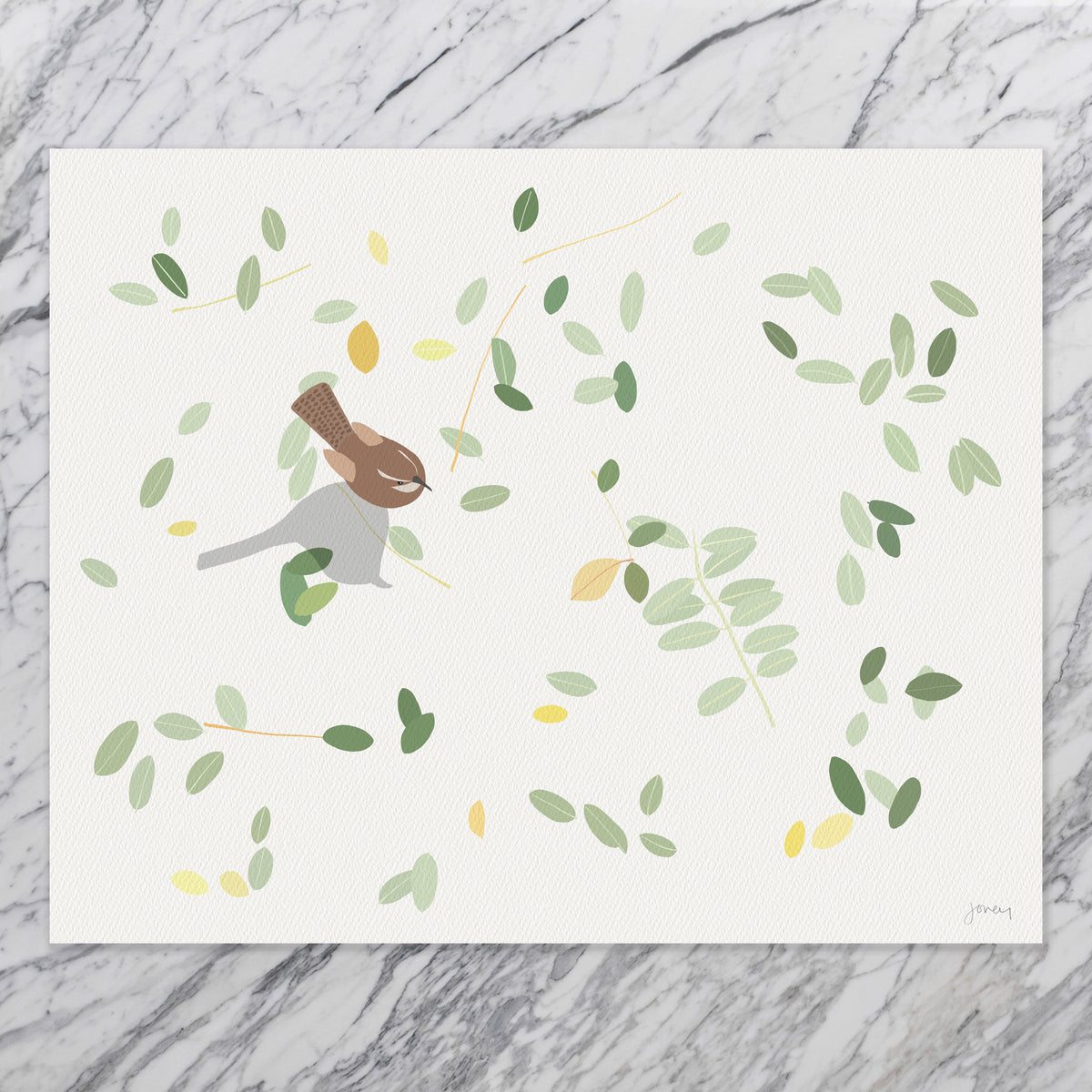 Wren on Fallen Leaves, signed art print - 261003