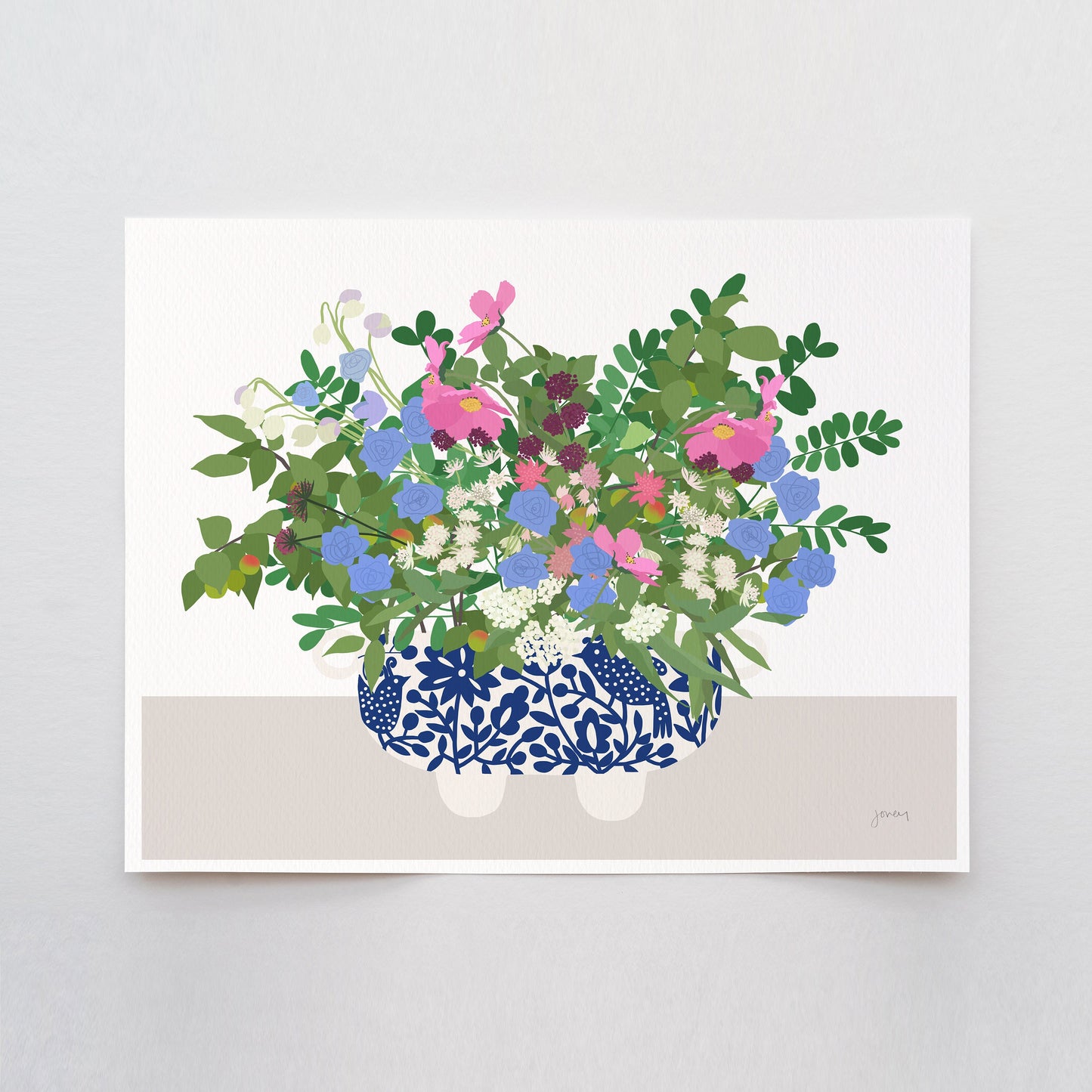 Pink Cosmos and Blue Cornflowers Art Print - Unframed or Framed - 201017