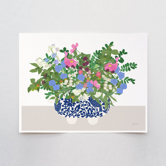 Pink Cosmos and Blue Cornflowers Art Print - Unframed or Framed - 201017