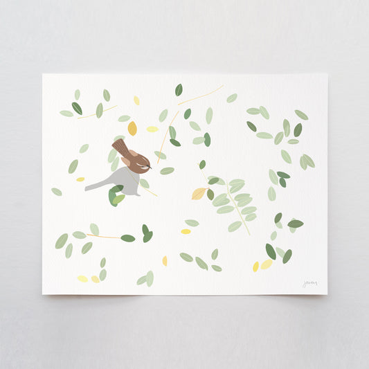 Wren on Fallen Leaves, signed art print - 261003