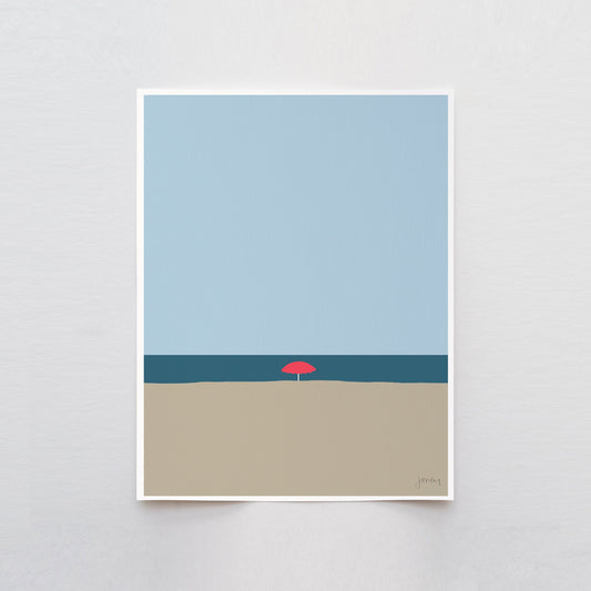 Beach with Red Umbrella Art Print - Unframed or Framed - 120529