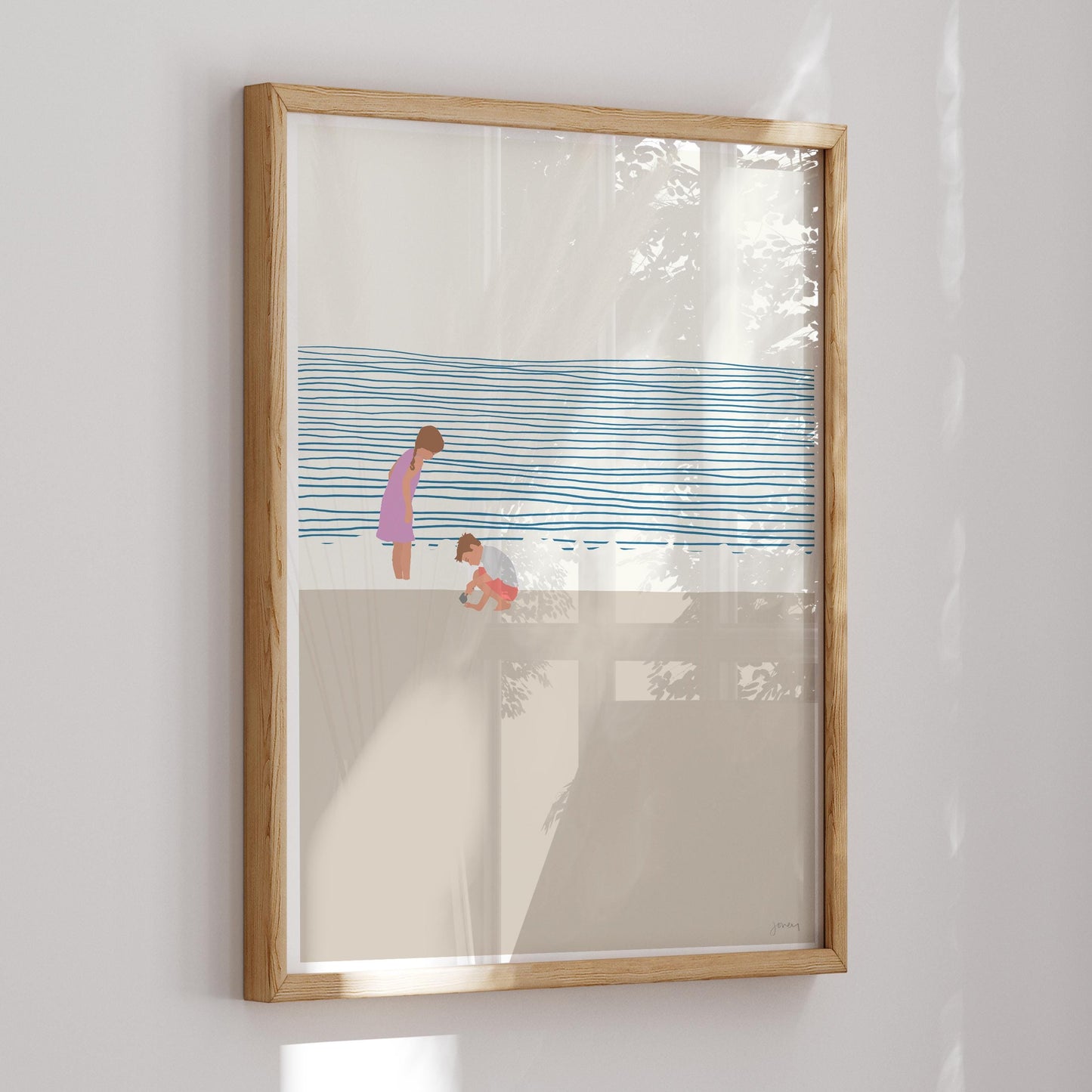 Sister and Little Brother on the Beach Art Print - Unframed or Framed - 140619