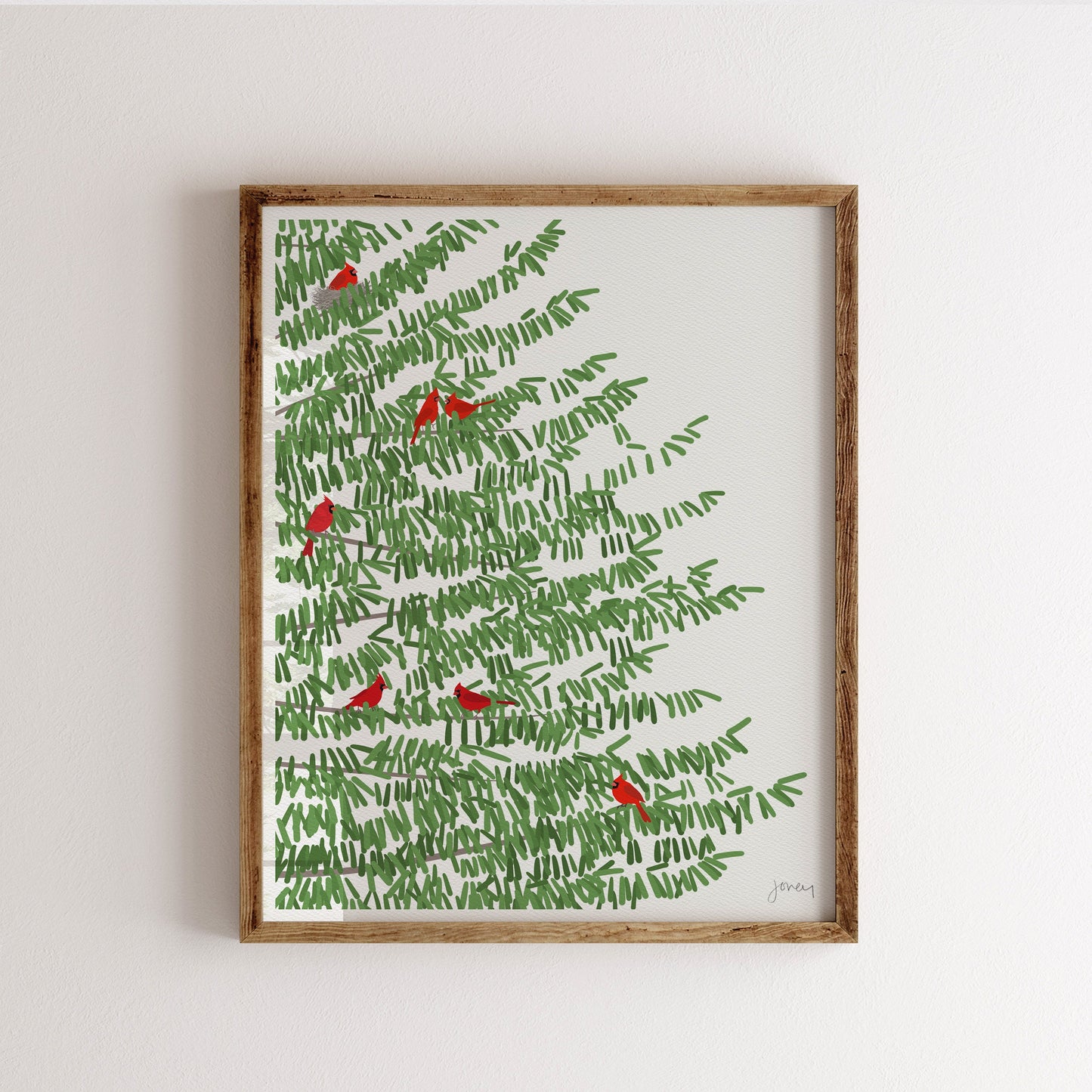 Pine Tree Print with Red Cardinal Birds Art Print - Unframed or Framed - 221201
