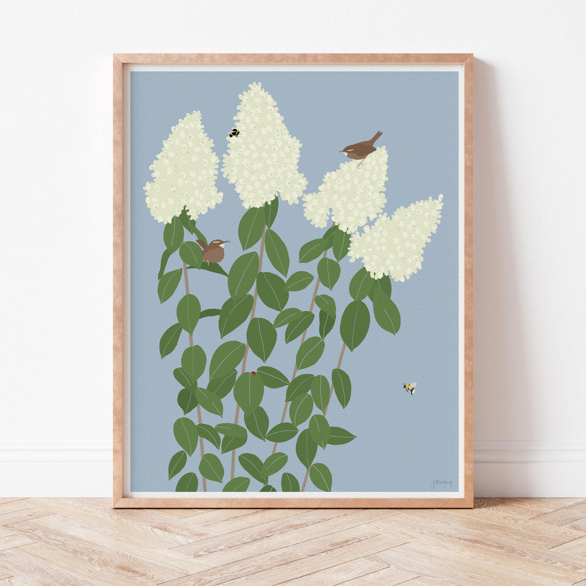 Wren with Limelight Hydrangea, signed art print - 260913