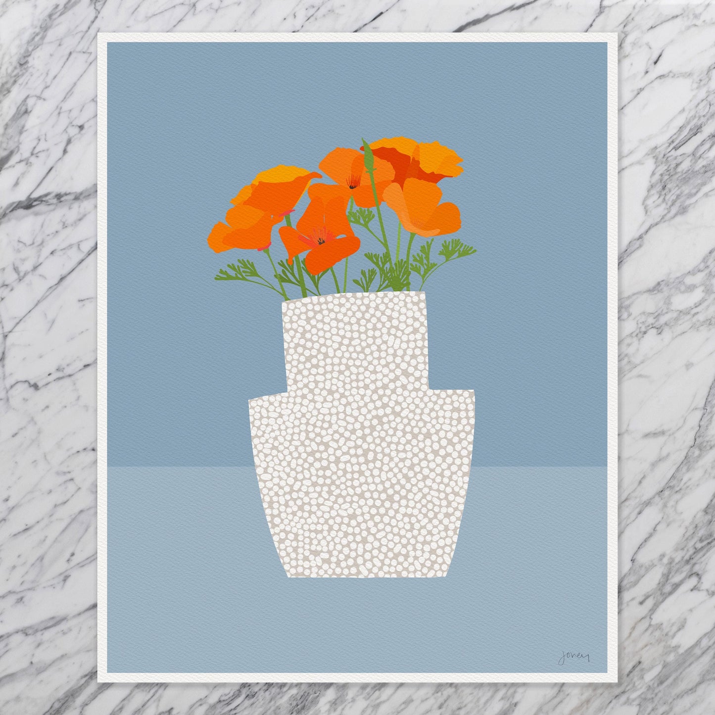 Dotted Vase with California Poppy Art Print- Unframed or Framed - 201018