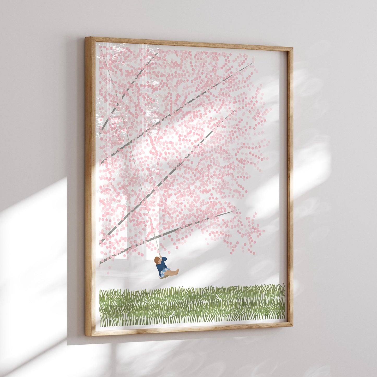 Cherry Blossom Tree with Girl Swinging Art Print - Unframed or Framed - 230416