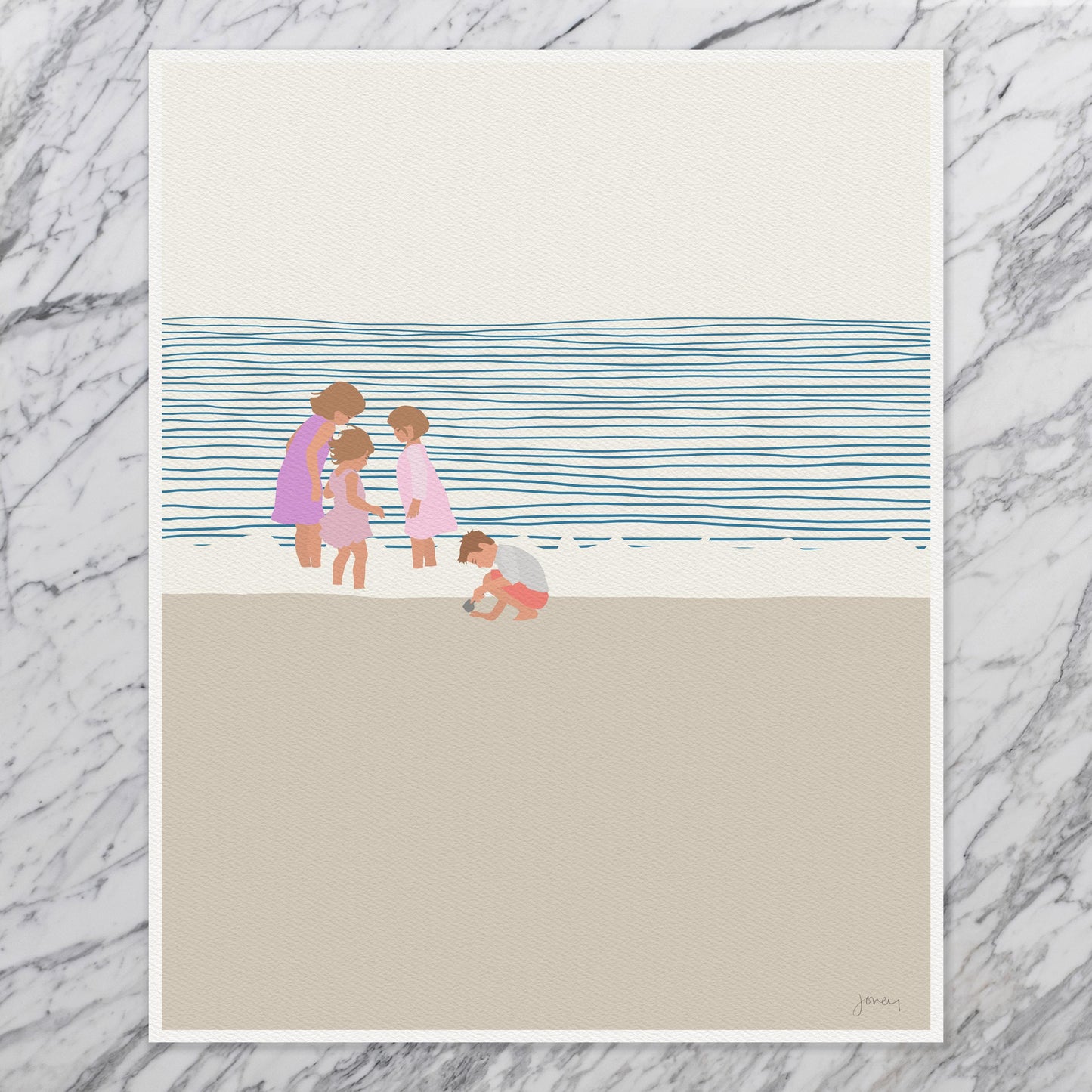 Three Sisters and a Brother on the Beach Art Print - Signed by Jorey Hurley - 140619