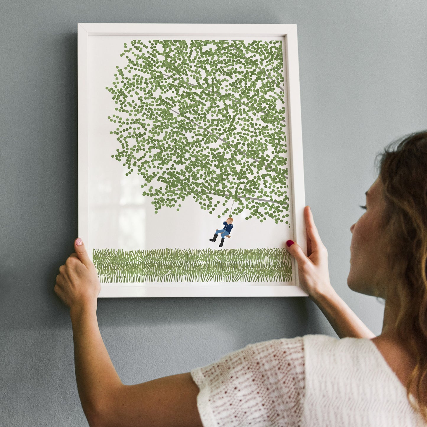 Birch Tree with Boy Swinging Art Print - Unframed or Framed - 230416