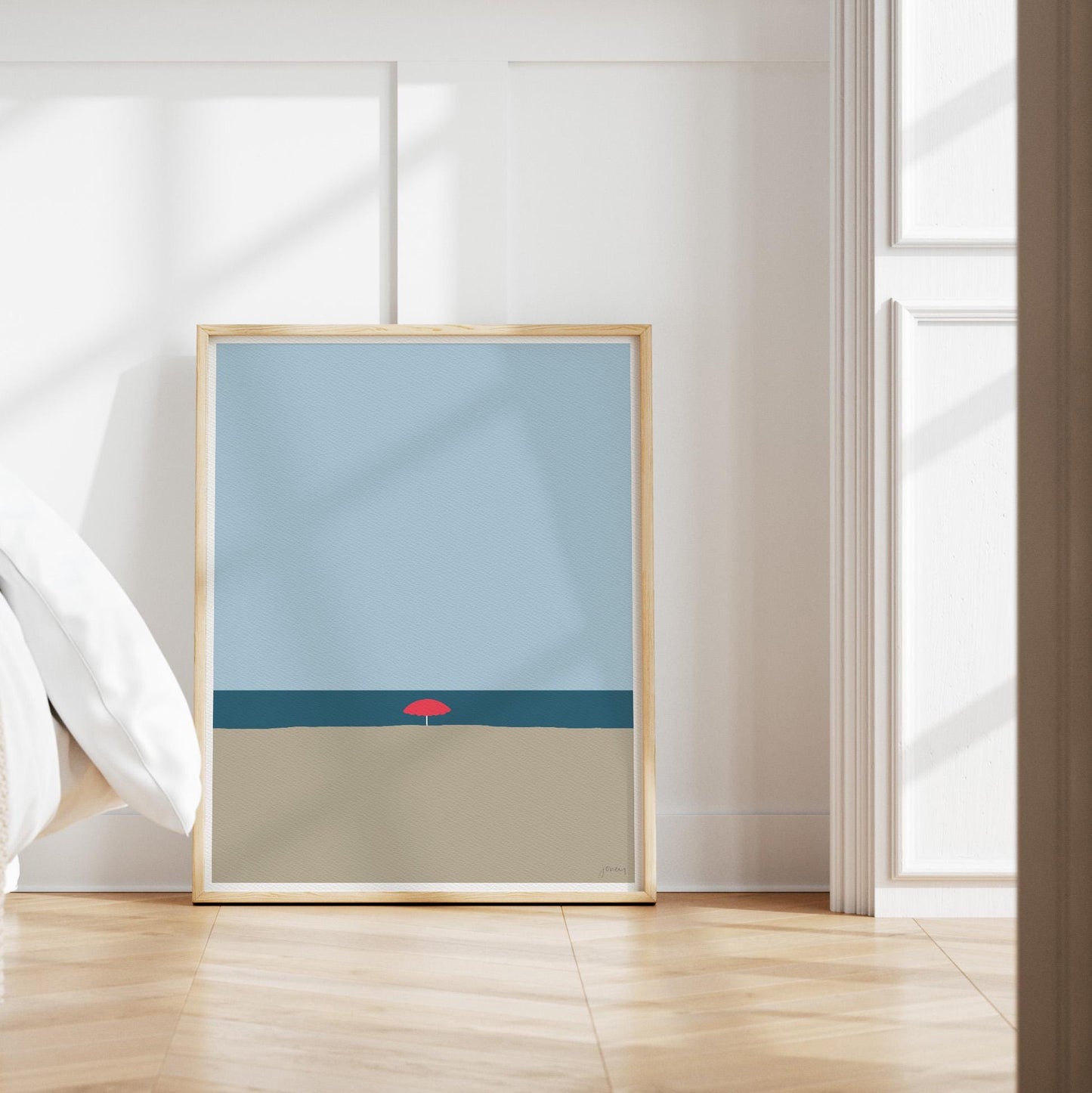 Beach with Red Umbrella Art Print - Unframed or Framed - 120529