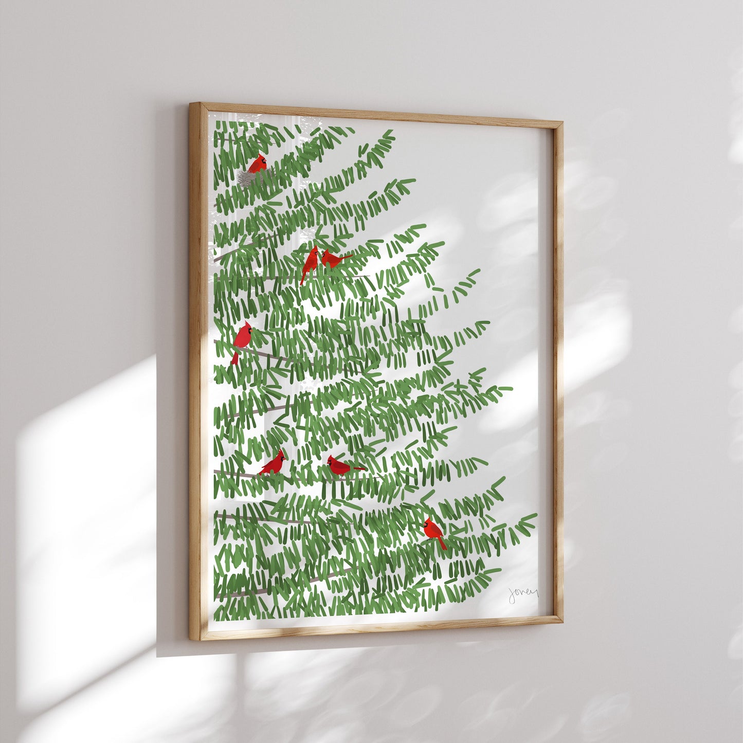 Pine Tree Print with Red Cardinal Birds Art Print - Unframed or Framed - 221201