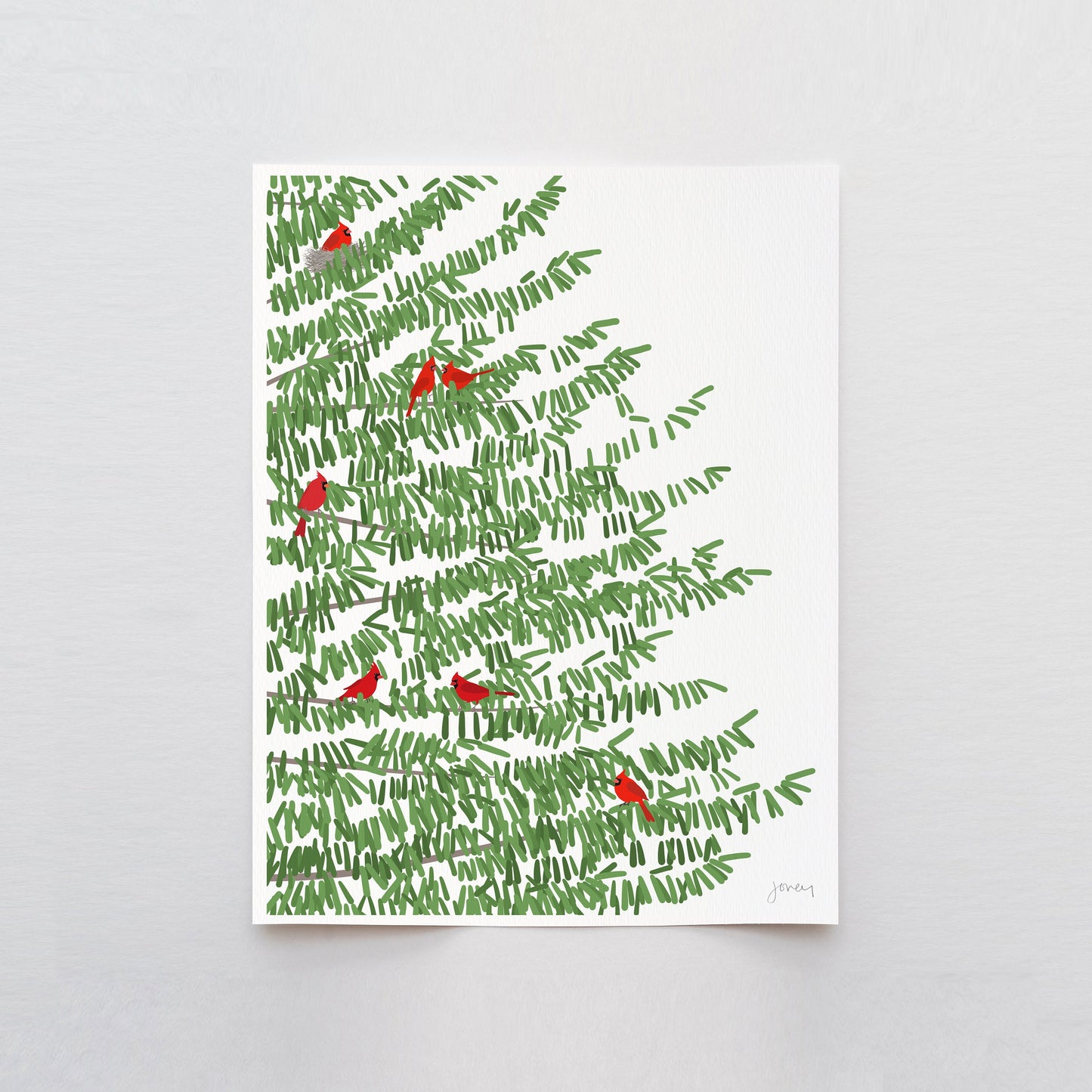 Pine Tree Print with Red Cardinal Birds Art Print - Unframed or Framed - 221201