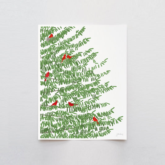 Pine Tree Print with Red Cardinal Birds Art Print - Unframed or Framed - 221201